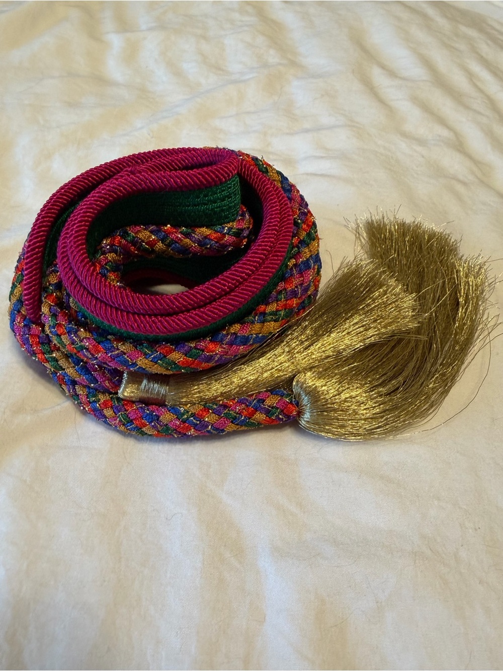 Vintage Fabric Multicolor Belt With Gold Tassels Size Large (L) Length 58” - Picture 15 of 16
